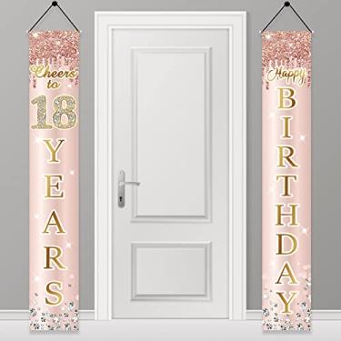 Imagem de Decoração de banner de porta de aniversário de 18 anos para meninas, ouro rosa rosa rosa feliz dezoito aniversário porta varanda suprimentos para festa, feliz aniversário de 18 anos decoração de placa
