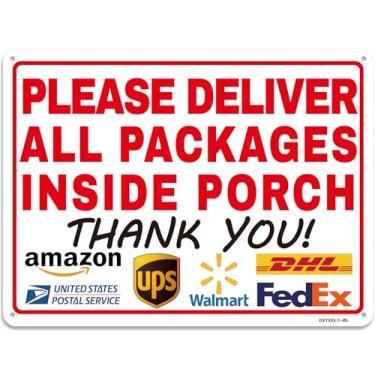 Imagem de Entregue todos os pacotes dentro da varanda, placa de entrega para motorista de entrega 22 x 30,5 cm Instruções de entrega para meus pacotes para Amazon UPS USPS Walmart DHL Fedex, placa de metal de