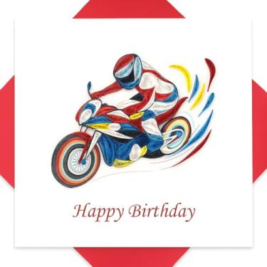 Imagem de EcoLeafy Dot Cartão de bicicleta esportiva – Cartão de aniversário 3D Quilled feito à mão para homens, pai, marido ou filho – Em branco dentro para personalização com envelope vermelho luxuoso - Ideia