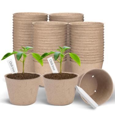 Imagem de ARGCONNER Potes de turfa, pacote com 60 vasos redondos para berçário com orifícios de drenagem, vasos de mudas de germinação de jardim com 30 etiquetas de plantas (10 cm)