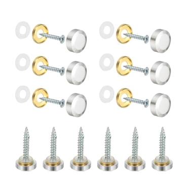 Imagem de YELARXI Parafusos de espelho tampas decorativas de latão prendedores de pregos, acabamento polido de 14 mm chanfrado adequado para ferragens de publicidade de sinal de espelho (12 peças, prata)
