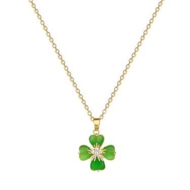 Imagem de Colar feminino com pingente de folha de trevo verde delicado banhado a ouro 14K cristal elegante coração da sorte olho de gato corrente pingente ajustável dia de São Patrício aniversário aniversário