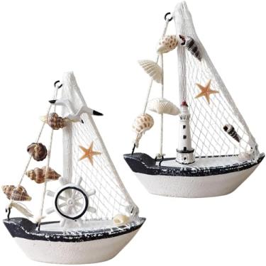 Imagem de AzsVbvs 2 peças mini veleiro de madeira miniatura barco à vela ornamento estilo mediterrâneo para casa, quarto, escritório, banheiro, mesa