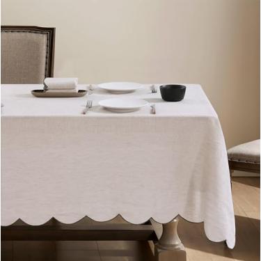 Imagem de AORISSI Toalhas de mesa 100% linho francês retângulo bordado 300 x 152 cm L para jantares, festas, primavera, lavável na máquina, 10-12 conjuntos, linho (bordas verde)