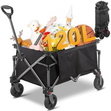 Imagem de Yardsight Carrinho Dobrável de Jardim, 100 kg, Rodas para Todos os Terrenos, Bolsa de Armazenamento Lateral, Vagão Esportivo Portátil para Acampamento, Compras, Jardim (Preto)