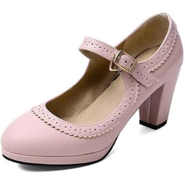 Imagem de Sapatos Oxford Mary Jane Oxford Com Bico Redondo Perfurado Salto Médio Oxfords Sapatos De Vestido Plataforma Retrô Rockabilly Com Tira No Tornozelo, Pink, 7.5 UK