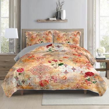 Imagem de QOOMO Conjunto de 3 colchas de cama xadrez vermelho floral de verão, boêmia, microfibra macia, reversível, leve para todas as estações, tamanho casal/queen, 3 peças com 1 colcha e 2 travesseiros