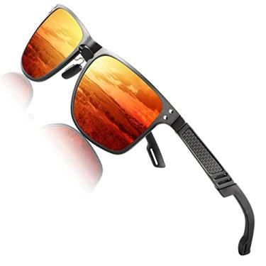 Imagem de ANYLUV Óculos de sol masculinos polarizados premium Al-Mg armação de metal para homens mulheres estilo retangular com proteção UV, A08 laranja avermelhado/preto, Medium