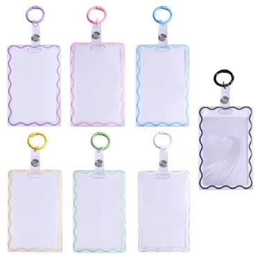 Imagem de FREEBLOSS 7 peças de porta-cartões fotográficos de acrílico com chaveiro bonito porta-crachá de identificação transparente para mulheres, bolsa protetora de cartão à prova d'água perfeita para cartões