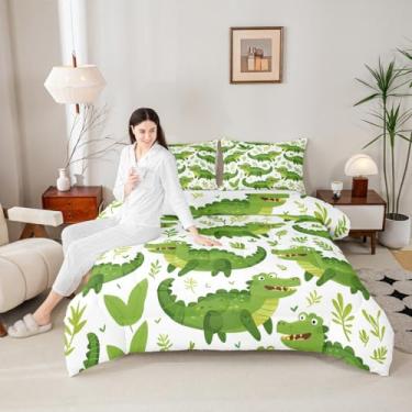 Imagem de Conjunto de edredom solteiro de crocodilo para todas as estações, adorável animal selvagem, decoração de quarto de adolescentes, folhas verdes, enchimento interno com 1 fronha
