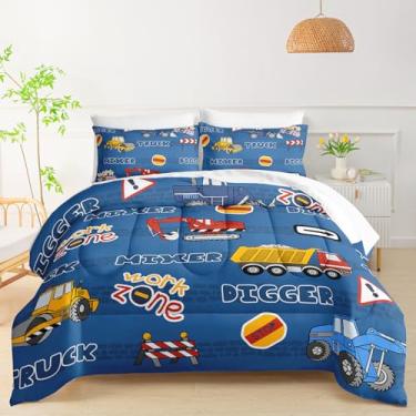 Imagem de QOOMO Conjunto de edredom infantil de construção, tamanho solteiro, para meninos e meninas, azul escuro, caminhão, carros, decoração de quarto, escavadeira, trator, colcha com edredom, lençóis e