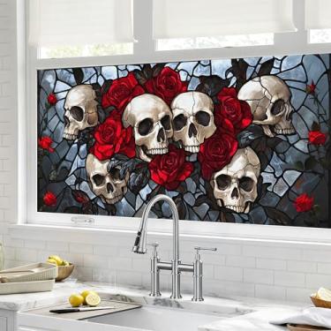 Imagem de BVBOX Película de privacidade para janela de 44,5 cm x 99,8 cm, caveira de Halloween vermelha rosa com bloqueio de sol, adesivo de vidro decorativo não adesivo para controle de calor de porta de casa