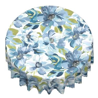 Imagem de NeuKim Toalha de mesa redonda 152 cm, azul, branca, floral, folha, exterior, impermeável, à prova de derramamento, toalha de mesa decorativa para cozinha, mesa de jantar, festa, piquenique