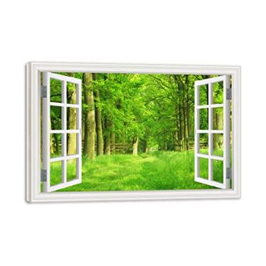 Imagem de Impressão em tela emoldurada de madeira arte de parede janela verão linda floresta 3D falsa janela vista paisagem pintura natureza imagem impressão em tela arte de parede para sala de estar 80 x 120