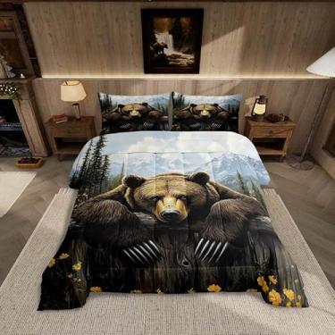Imagem de Feelyou Conjunto de edredom infantil Queen com urso, cabana rústica, campestre de madeira, fazenda, 1 edredom + 2 fronhas, marrom, azul, amarelo