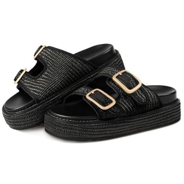 Imagem de KaroNairy Sandálias de plataforma para mulheres, ráfia, alpargata, cunhas, verão, praia, sandálias, tecido, palha, crochê, ajustável, fivela dupla, sem salto, Preto, 38