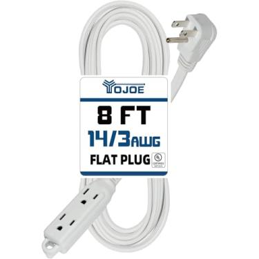 Imagem de YOJOE - Extensor de saída de cabo de extensão de 3 tomadas, tira de alimentação de 15 A, calibre 14, cabo de extensão de tomada plana branca de 8 pés, certificado UL 14/3 SPT-3