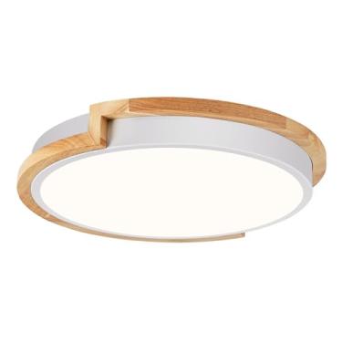 Imagem de Peblto Luminária LED moderna perto do teto, luminária de teto de forma redonda, branco fosco com detalhes de madeira, luminárias minimalistas de cozinha para quarto, entrada, lavanderia, 30 cm