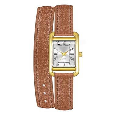 Imagem de ADSBIAOYE Relógio feminino pequeno, caixa dourada, numerais romanos, relógio de pulso de luxo, retangular, pulseira de couro marrom preto, Dourado, marrom, Tendência