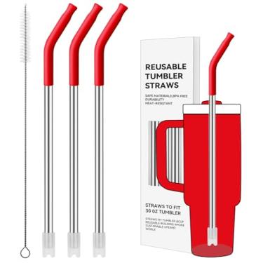 Imagem de Prurex Canudos de metal reutilizáveis com ponta de silicone para Stanley 850 g, canudos de aço inoxidável para copo de 850 g, 3 tubos retos e 6 pontas e 1 escova Cleanr (Chili)