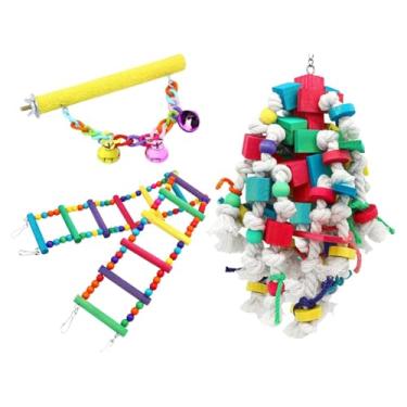 Imagem de ShengQuanHao 3 Peças de Balanços para Pássaros, Brinquedos para Papagaios, Rede Colorida, Poleiro para Papagaios com Sinos, Escada de Madeira Suspensa para Periqui