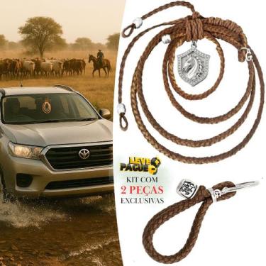 Imagem de Kit Laço Adorno Brasão Cavalo Marrom P/Carro de Couro+ Chaveiro de Cou