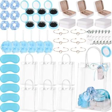 Imagem de Conjunto de 6 prêmios de chá de bebê, presentes de chá de bebê, presentes para convidados de viagem, escova de cabelo, esponjas de banho, máscara de olhos, pulseira de amor, caixa de joias com bolsa