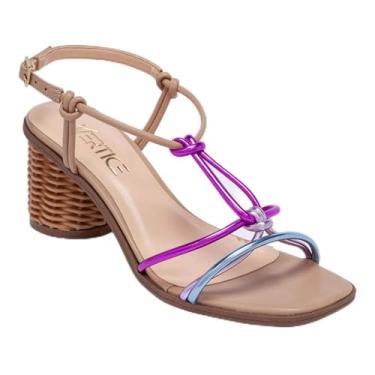 Imagem de Sandália Feminina Salto Cilindro Com Tiras Metalizadas - Areia 34