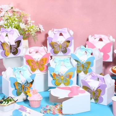 Imagem de MotiMind 18 peças de caixa de lembrancinhas de festa de borboleta com 36 peças 3D de borboleta dourada e laço caixas de presente de doces para presente de aniversário, chá de bebê, suprimentos de