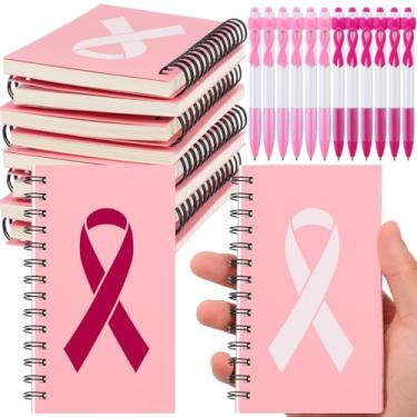 Imagem de Weekgrat 24 unidades de blocos de notas de conscientização do câncer de mama canetas retráteis de fita rosa cadernos de câncer de mama, mini canetas esferográficas de fita rosa para presente de evento