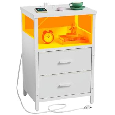 Imagem de KHLJJU Mesa de cabeceira de LED com estação de carregamento, mesa lateral com portas USB e tomadas, mesa de canto para espaços pequenos, mesas de cabeceira brancas para quarto, sala de estar