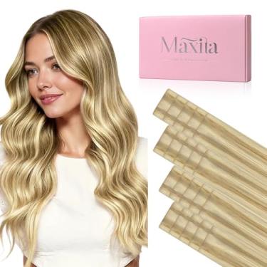 Imagem de MAXITA Extensões de cabelo humano Invisi Edge Tape, cabelo humano remy loiro claro realçado, loiro dourado, 20 peças, 40 cm, 50 g, fita injetada sem costura em extensões