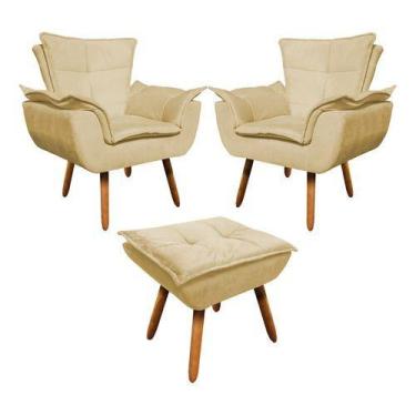 Imagem de Kit 2 Poltrona+puff Opala Sala De Estar Suede Bege - King Lar