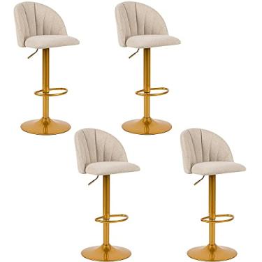 Imagem de GIA Home Furniture Series Bar Altura Ajustável e Giratório Banco de Metal com Assento Estofado de Linho, Moldura de Ferro Dourado, Conjunto de 4, Bege