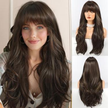 Imagem de HAIRCUBE Peruca Longa Castanha Com Franja Em Camadas, Cacheada, Para Mulheres, Peruca Sintética Natural Para Uso Diário (Pelucas De Cabelo Natural)