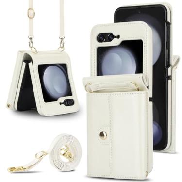 Imagem de Capa de couro com alça de pulso crossbody com suporte de cartão para Samsung Galaxy Z Flip 6 5 4 3 Flip6 Flip5 Flip4 Flip3 Capa carteira, branca, para Galaxy Z Flip3