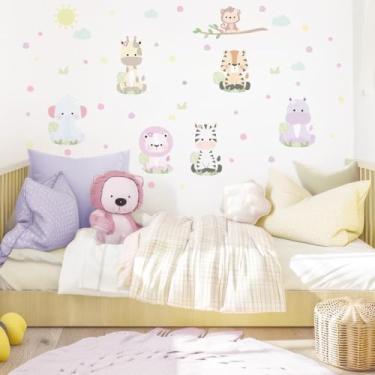 Imagem de Adesivo Parede Infantil Safari 23 Animais Baby Feminino Tons Suaves Rosa Selva Quarto Criança Menina