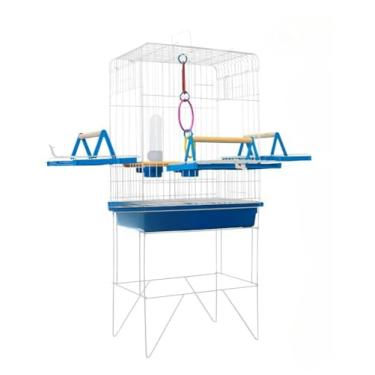 Imagem de Gaiola Viveiro Calopsita Com Bandejas Laterais C/Pé Grande AgapóRnis Aves Mansas Duplex/Triplex(GRADE BRANCA - AZUL JEL)