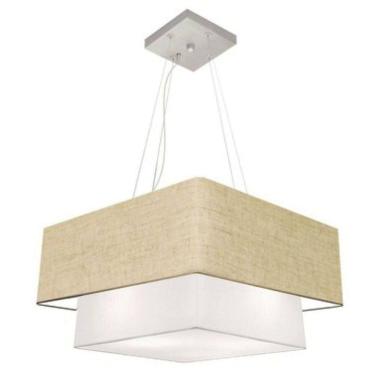 Imagem de Lustre Pendente Duplo Quadrado Vivare Md-4083 Cúpula Em Tecido 70x50cm - Bivolt Rustico-bege-branco 127/220v