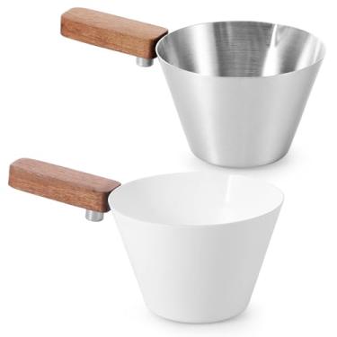 Imagem de 2 copos medidores de café expresso de aço inoxidável de 120 ml com cabo de madeira e escala dupla para cafeteria doméstica (branco + cor aço, 2)