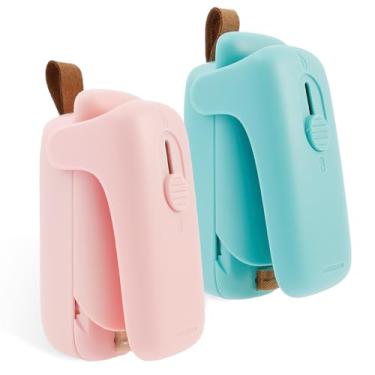 Imagem de 2 peças seladoras de saco, 2 em 1 mini seladora e cortadora, carregamento USB, seladora portátil de mini saco, seladora magnética de lascas, mini bolsa de lanche portátil para lanches e doces (rosa +
