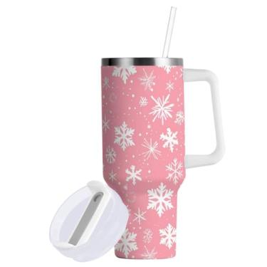 Imagem de Wfrish Copo com alça e tampa de palha, flocos de neve de Natal rosa 1,134 g copo de café isolado garrafa de água de aço inoxidável caneca de viagem porta-copos, presentes para mulheres e homens