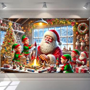 Imagem de BlissYard Faixa de Natal, Papai Noel, elfos, oficina, foguete, brinquedo para árvore de Natal, guirlanda de meias, guirlanda de inverno, cena de neve, 188 x 109 cm, decoração de festa de feriado para
