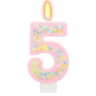 Imagem de ElekFX Vela de aniversário número 5 com granulados, topo de bolo arco-íris unicórnio rosa pastel, decorações de festa Sweet Candyland para meninas e meninos 5º aniversário