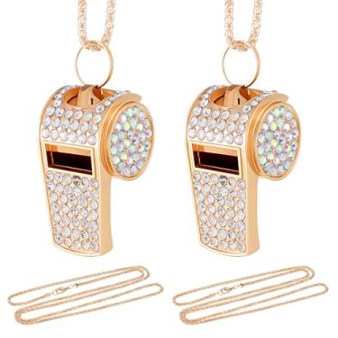 Imagem de Molain Pacote com 2 apitos de strass brilhantes com cordão, apito de metal para esportes de emergência, acessórios de som alto e nítido para treinador, capitão, árbitro, professor (dourado)