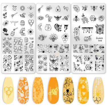 Imagem de beinkmake 3 peças de placa de estampagem de unhas de abelha flores favo de mel moldes de carimbo de arte de unhas de aço inoxidável ferramentas reutilizáveis com raspador de carimbo para impressão de
