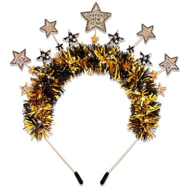 Imagem de mokkia Faixa de cabeça de feliz ano novo para mulheres e meninas com glitter, faixa de cabeça de estrela de tinsel de ano novo, acessórios de lembrancinhas de festa, presentes de Natal (ouro preto 1)