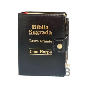 Imagem de Bíblia Letra Grande Sagrada Com Caneta Tecido Harpa Preta