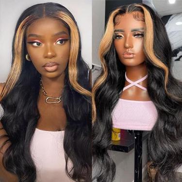 Imagem de Colorful Bird Peruca Skunk Stripe Lace Front, Loira Mel, Ombré Body Wave, 4X4, Cabelo Humano, Sem Cola, Pré-Selecionada, Liso Com Baby, Densidade 150%, 26"