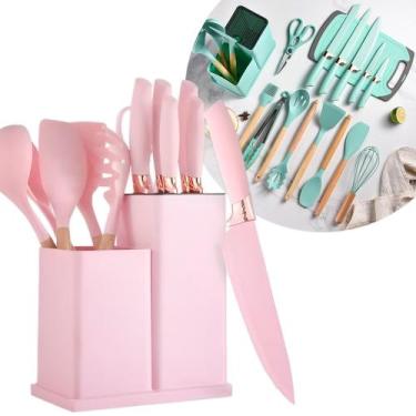 Imagem de Kit 19 Utensílios de Cozinha Silicone Cabo de Madeira Faca Tábua Rosa 